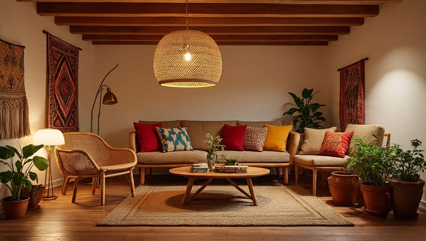 Boho living room at dusk with rattan pendant, brass floor lamp, and warm 2700K layered lighting