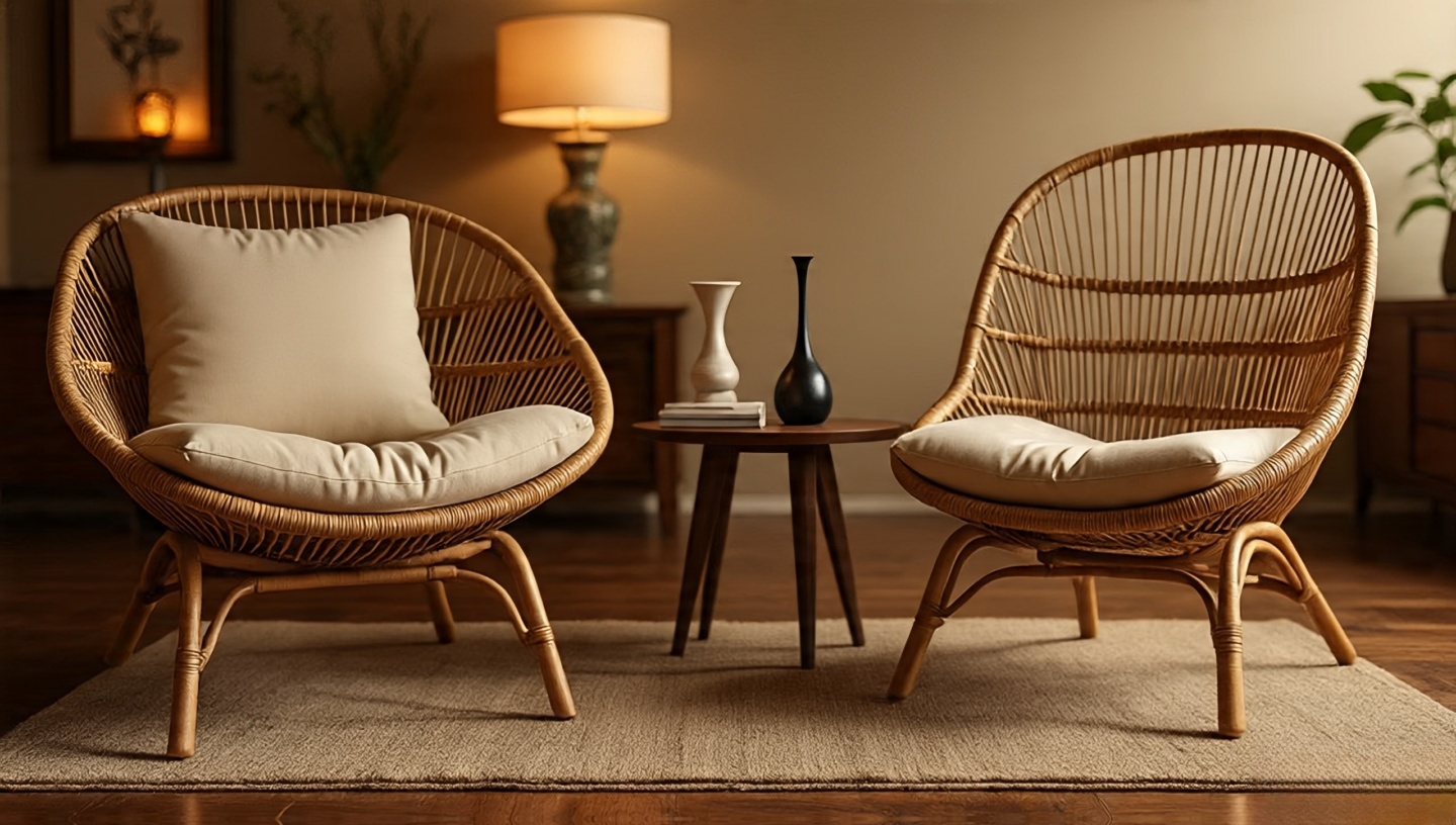 Seating trio with leather sling chair, curved rattan lounge, and spindle-back, unified by a calm palette