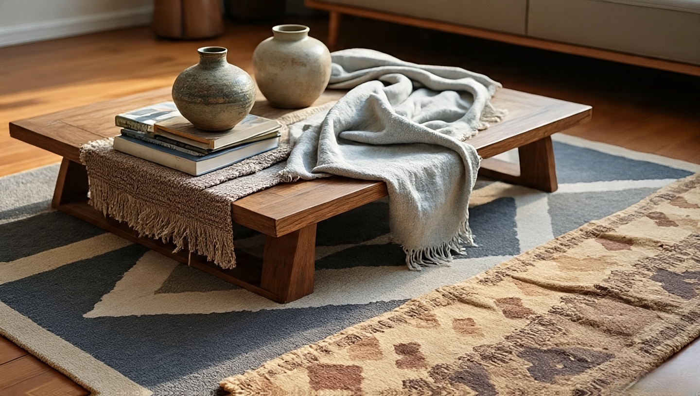 Modern geometric rug paired with vintage kilim runner, books, and linen throw for era contrast