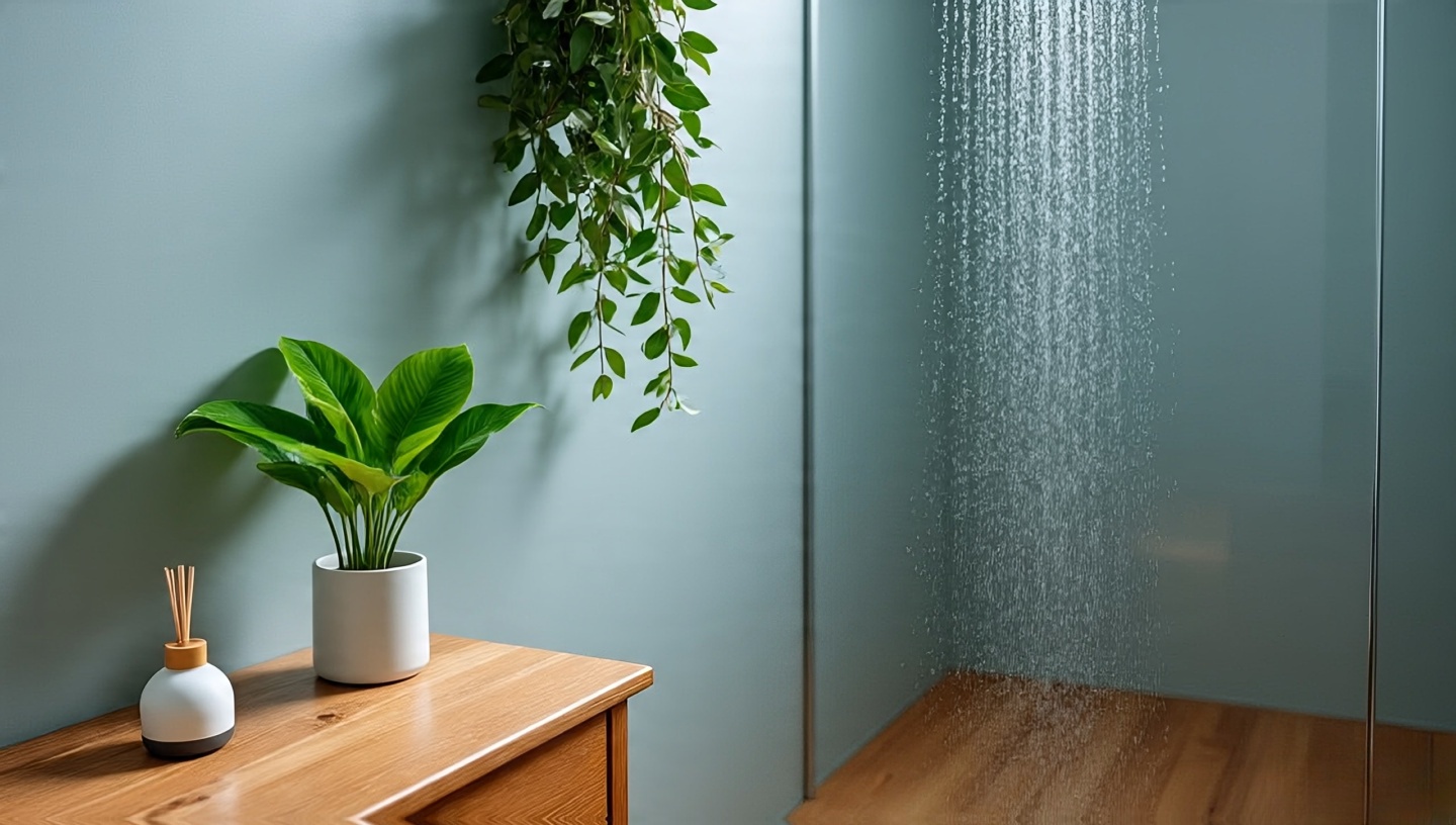 Bathroom with eucalyptus bundle near shower, peace lily on vanity, and essential oil diffuser for natural layered aroma