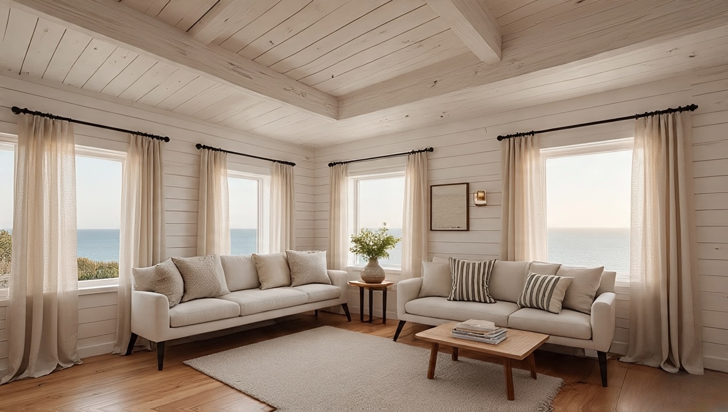 Whitewashed pine ceiling and furniture in coastal Bohemian room, matte finish