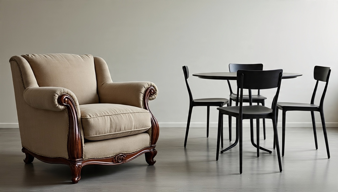 Comparative scene showing an oversized armchair crowding a small table versus slim open-back chairs fitting properly