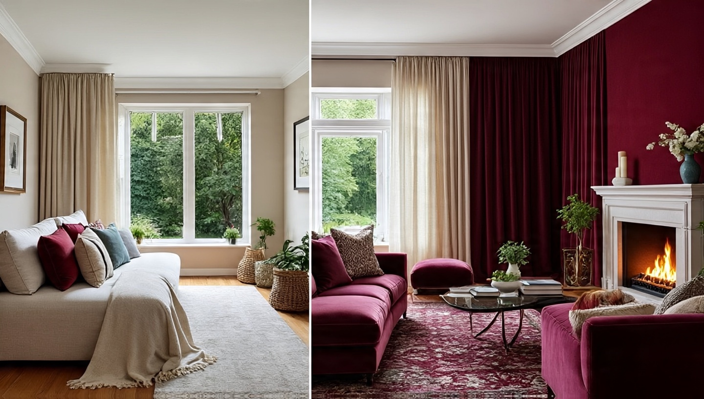 Split seasonal living room showing neutral summer setup and jewel-toned winter accents