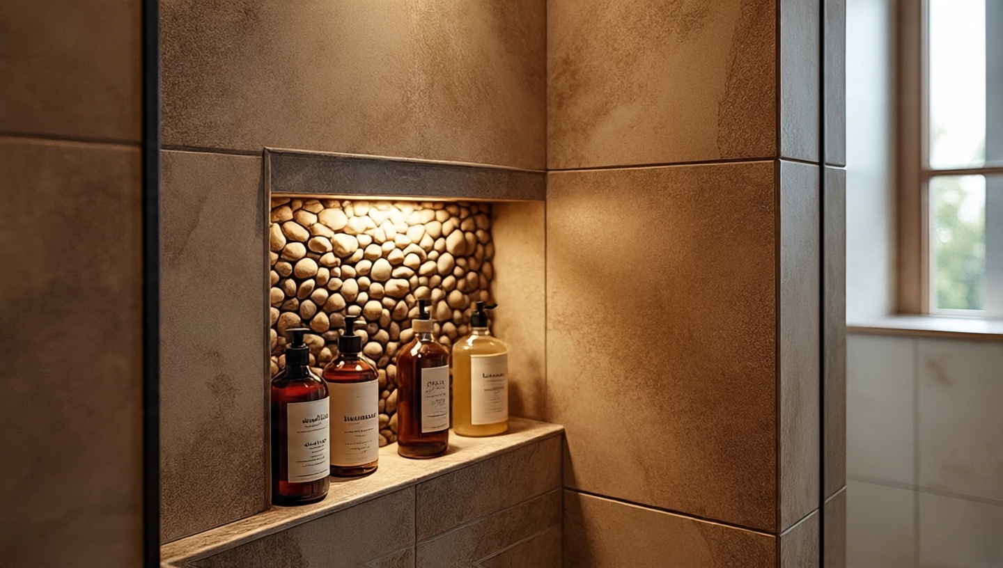 Shower niche lined with pebble stones holding bath products
