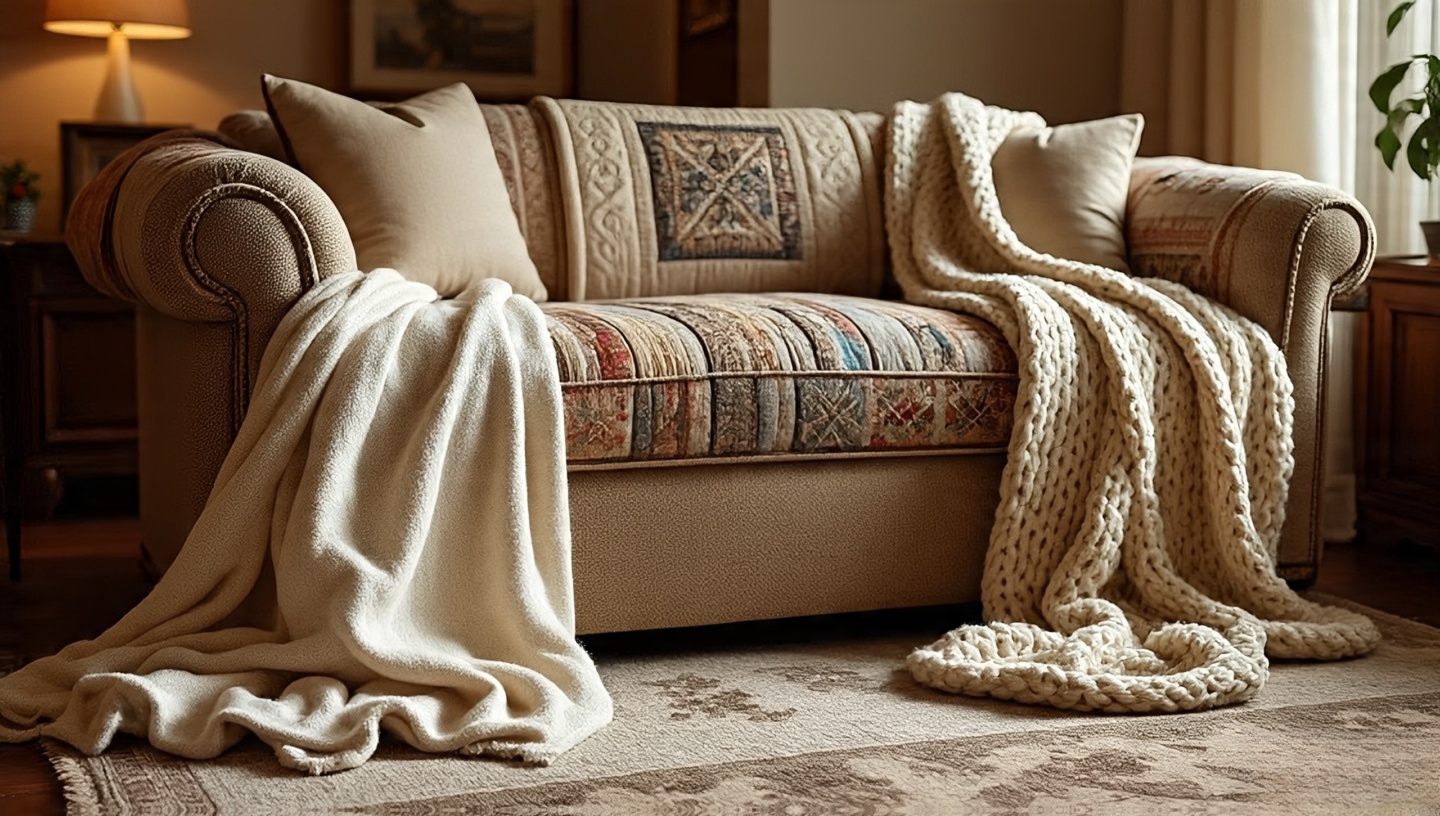 Layered textiles on a Boho sofa: cotton throw base, patterned quilt and a chunky knit casually draped