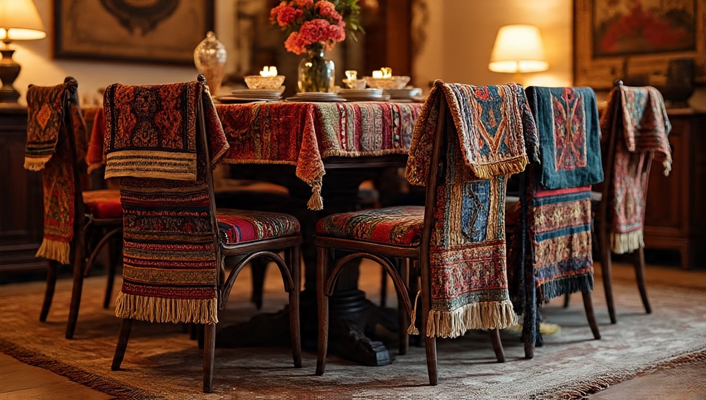Dining chairs styled with vintage kilim and kantha textile cushions