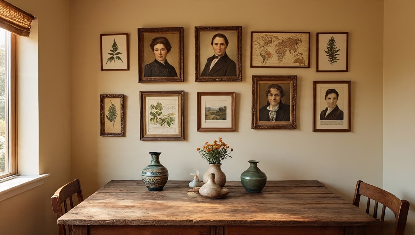 Dining nook with eclectic gallery wall of maps and botanical prints