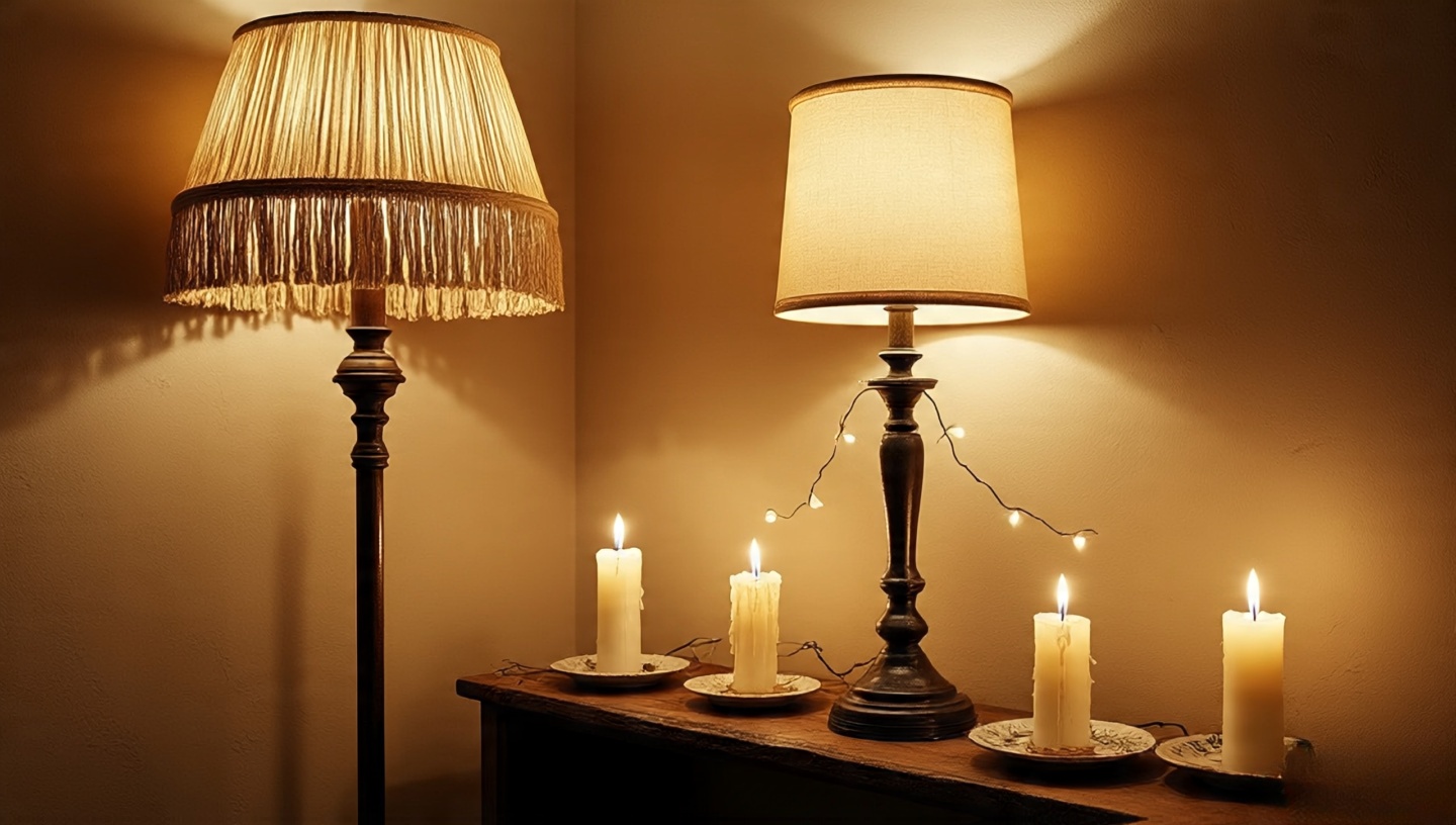 Bohemian corner with slightly crooked fairy lights, fringed lamp and dripping candle wax embracing imperfection