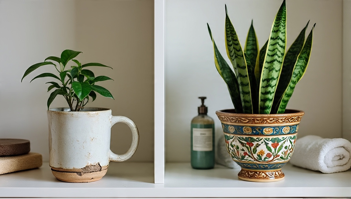 Budget versus premium planters on the same bathroom shelf: chipped thrifted mug vs artisan ceramic with snake plant
