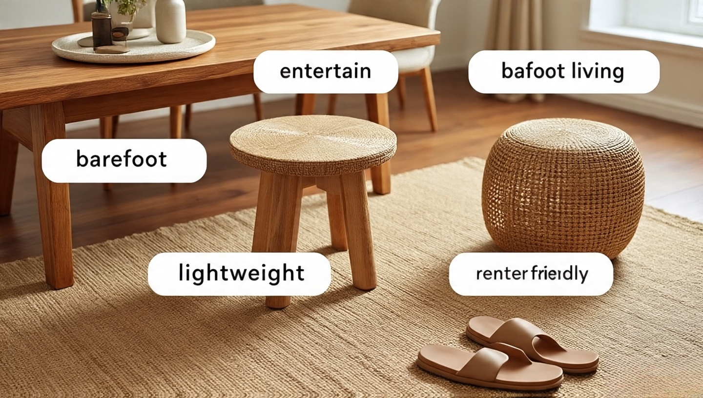 Flat lay of labeled samples: wood for entertaining, jute for barefoot living, rattan for lightweight setups, cane for renters