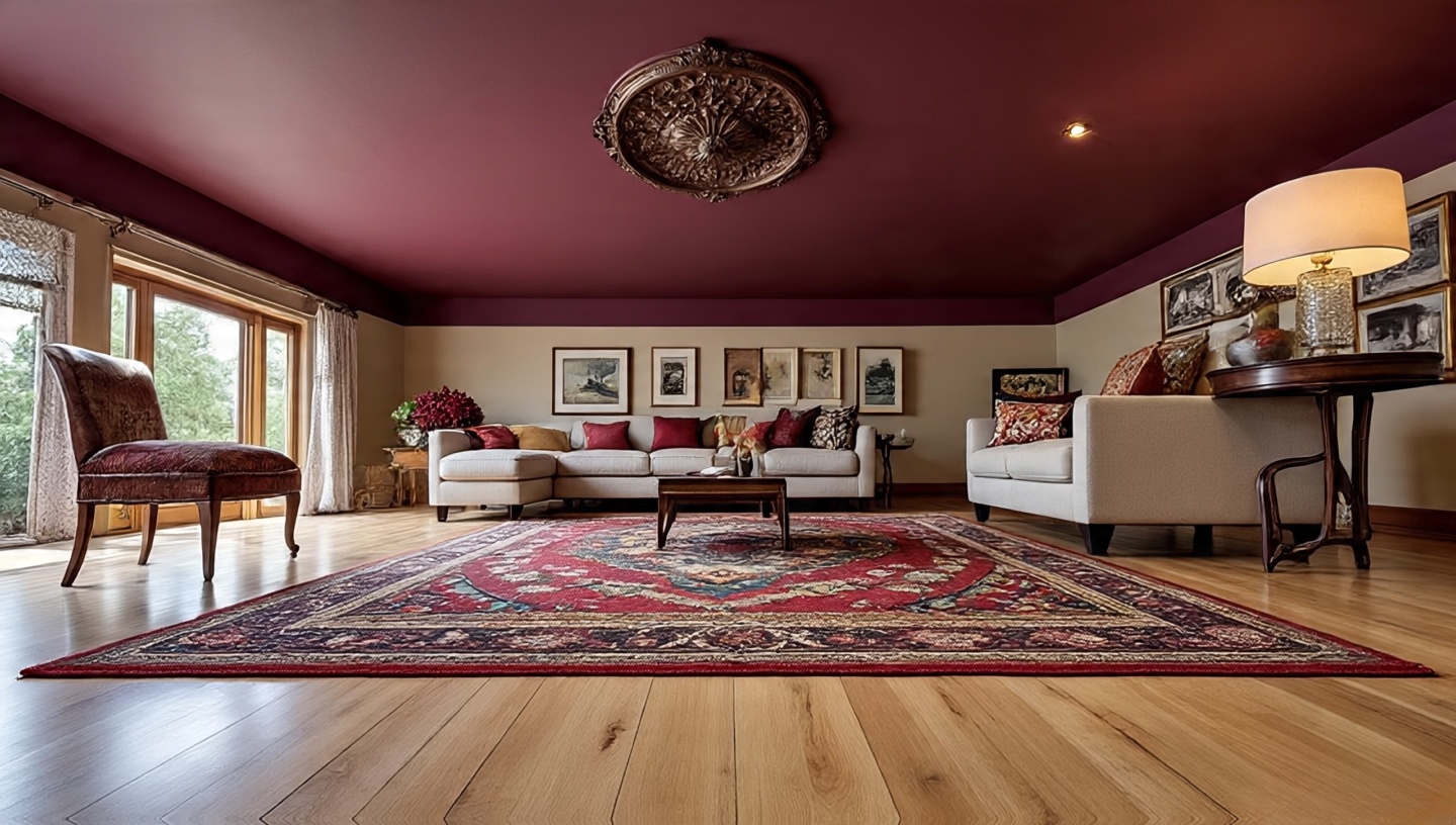 Neutral oak flooring with a painted ceiling medallion introducing a subtle jewel accent