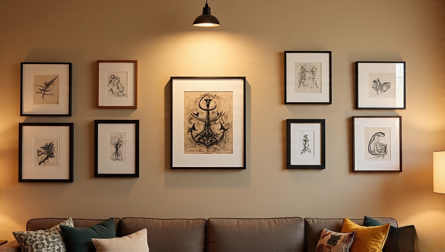 Eclectic gallery wall with mismatched frames, textiles, and an anchor piece spaced evenly about 5–7 cm
