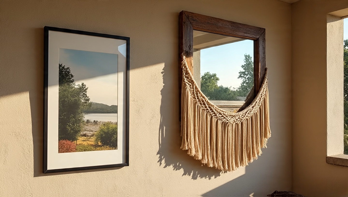 Outdoor wall with weatherproof framed print, woven macrame panel and rustic mirror reflecting warm light