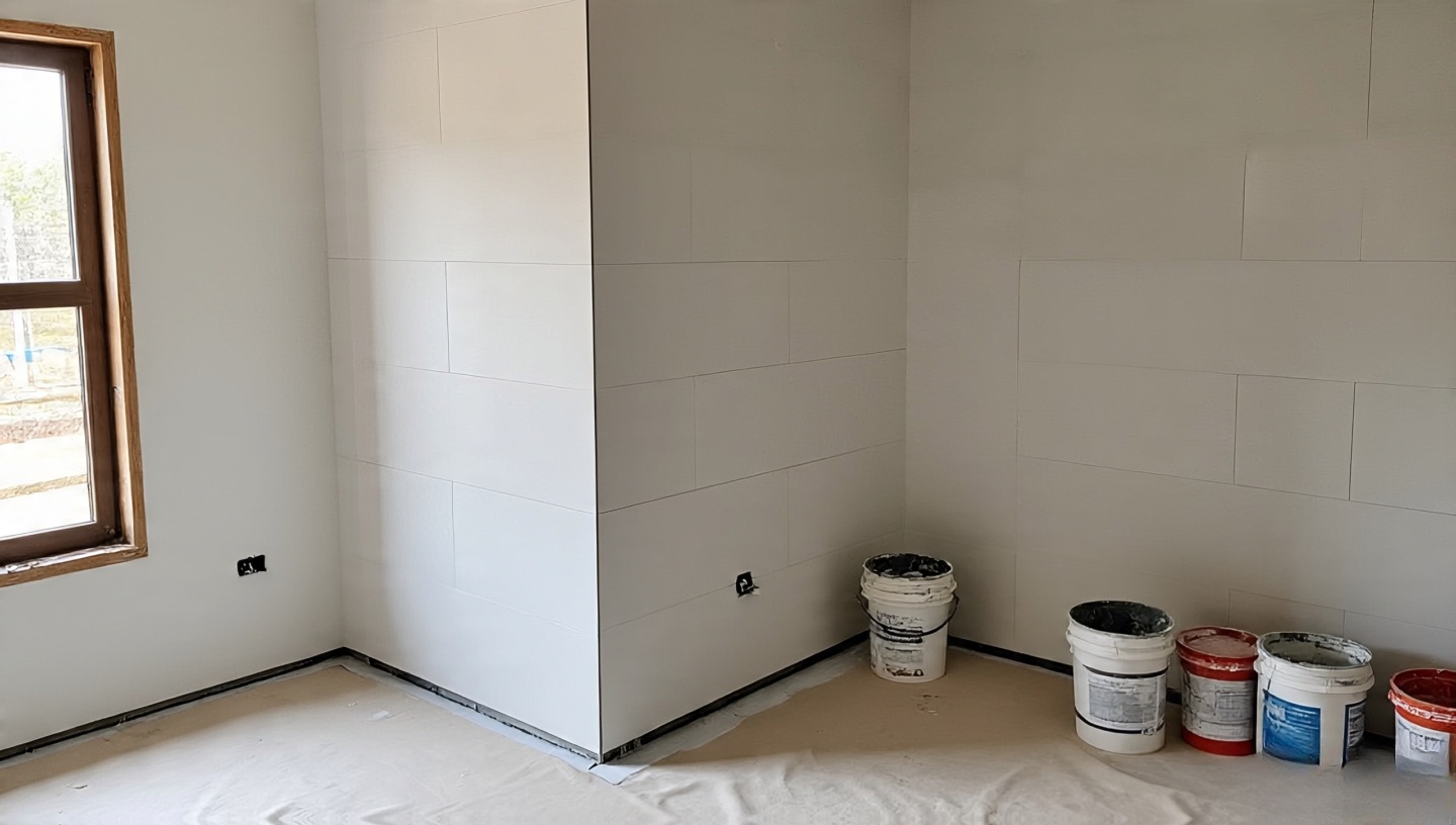 Work-in-progress bathroom showing correct tile installation sequence