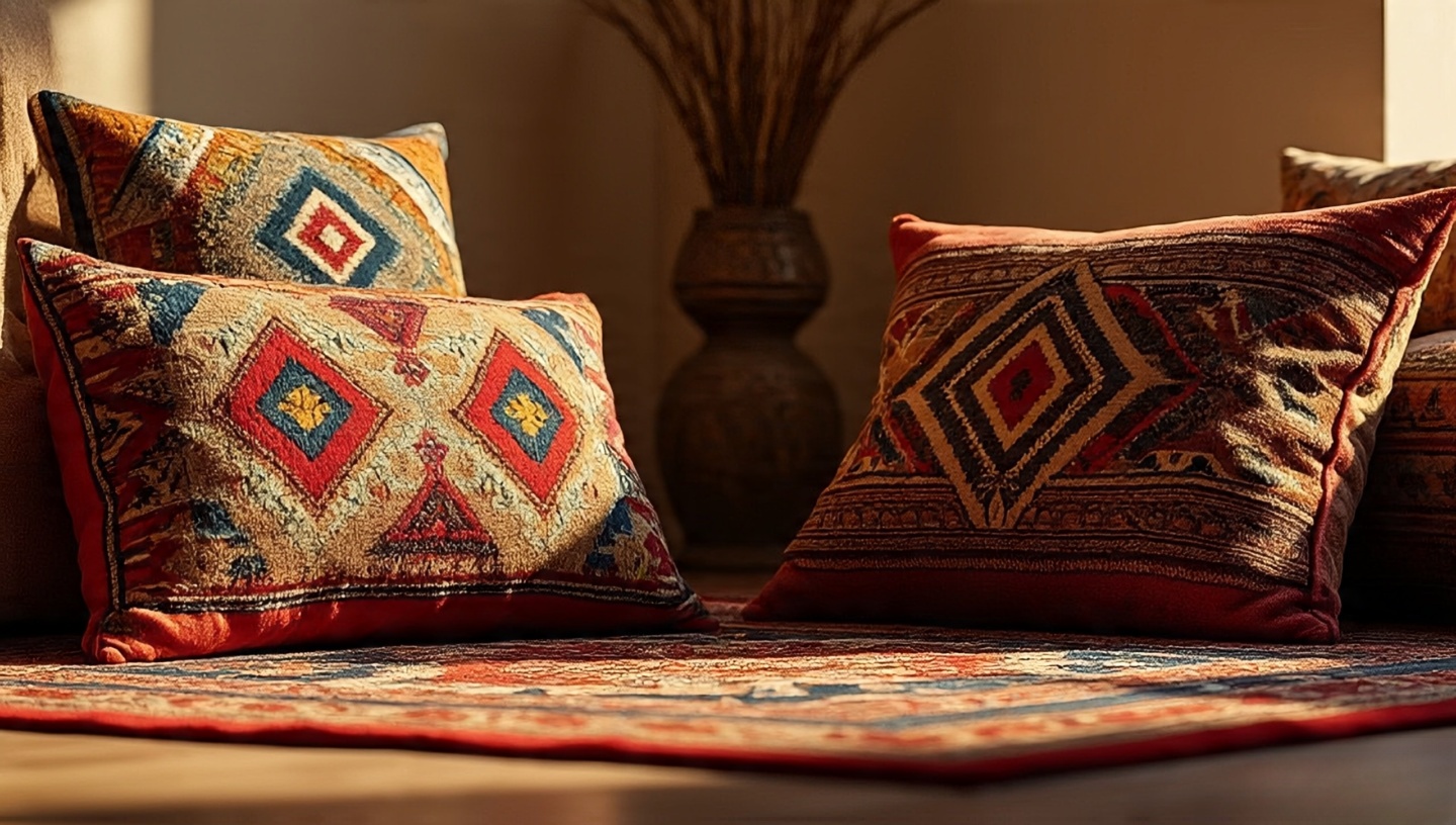 Global textiles ensemble with Moroccan rug, Turkish kilim pillows, and Indian block-printed throw