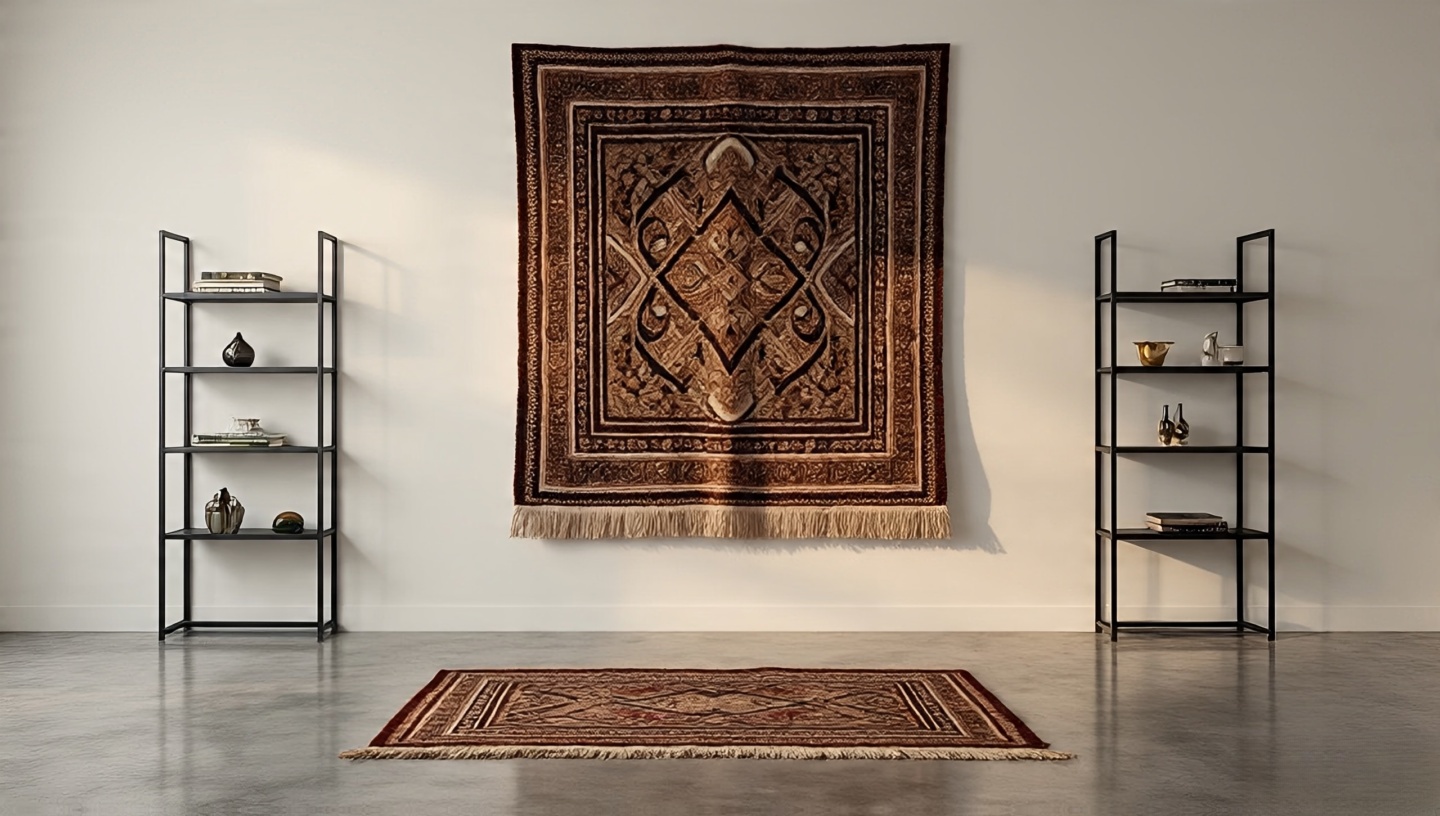 Minimalist room with polished concrete, white walls and a single vintage Turkish kilim as the focal art