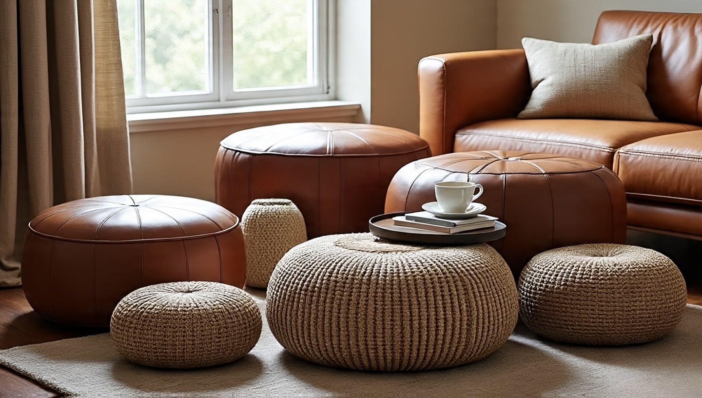 Cluster of leather poufs and wool ottomans providing movable seating in a Boho living room