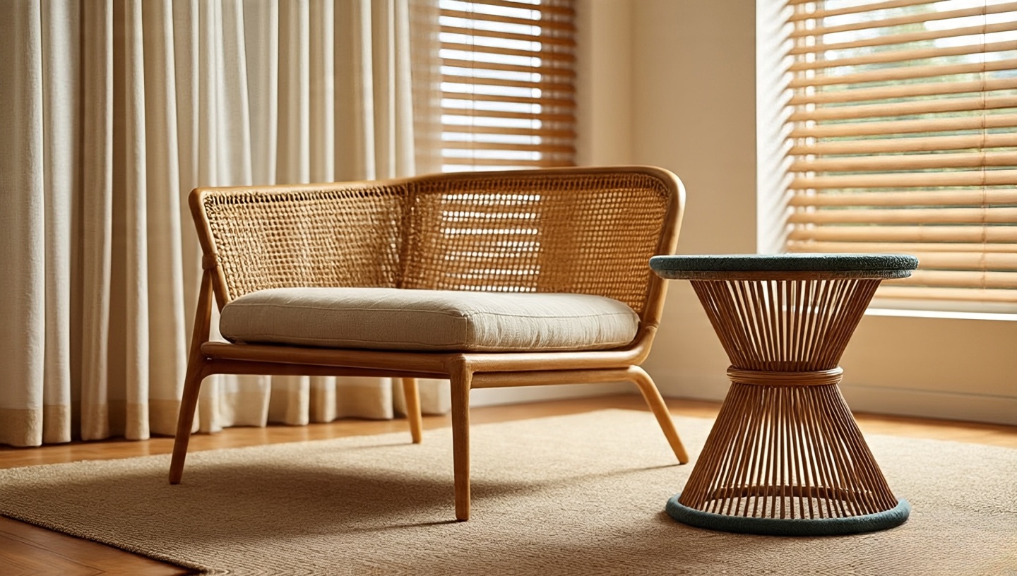 Cane-back chair and rattan side table with bamboo blinds and flat-weave kilim anchoring the space