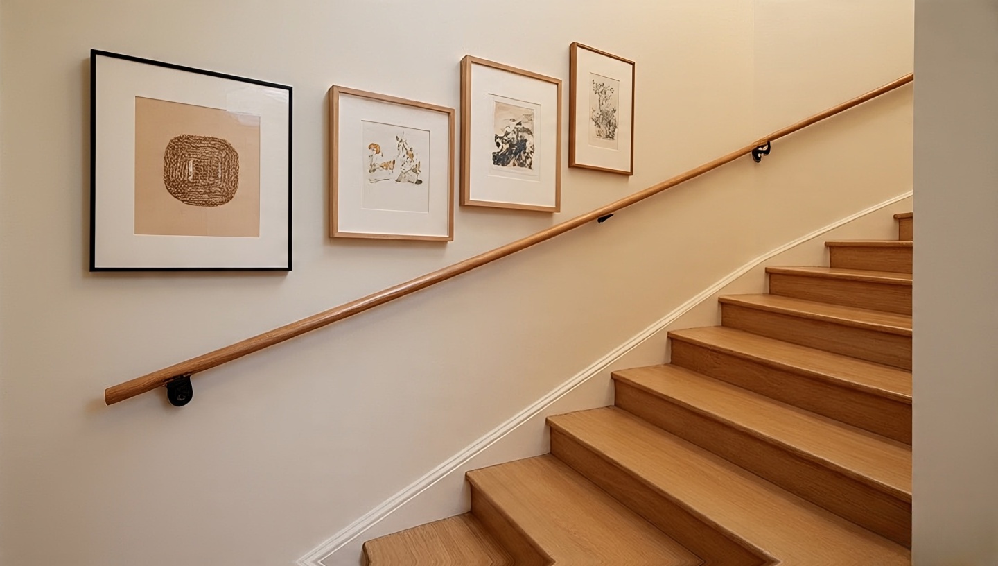 Staircase gallery wall following handrail angle with alternating frame sizes, consistent spacing and light mats