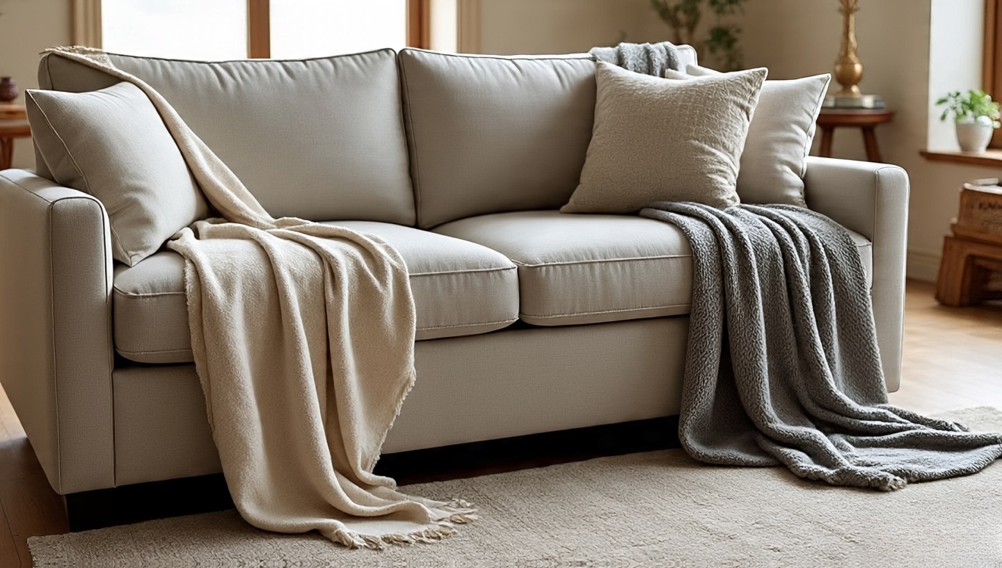 Stack of linen, cotton and wool throws on sofa for seasonal layering
