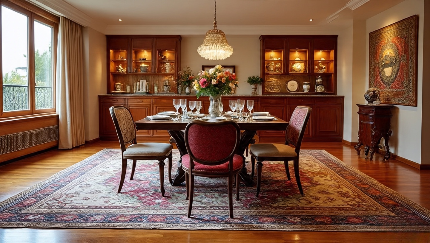 Open-plan dining area with a large patterned rug extending beyond table edges to define the dining zone