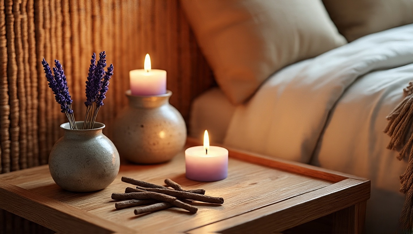 Bohemian bedside vignette with lavender candle, incense holder, palo santo and cedar elements