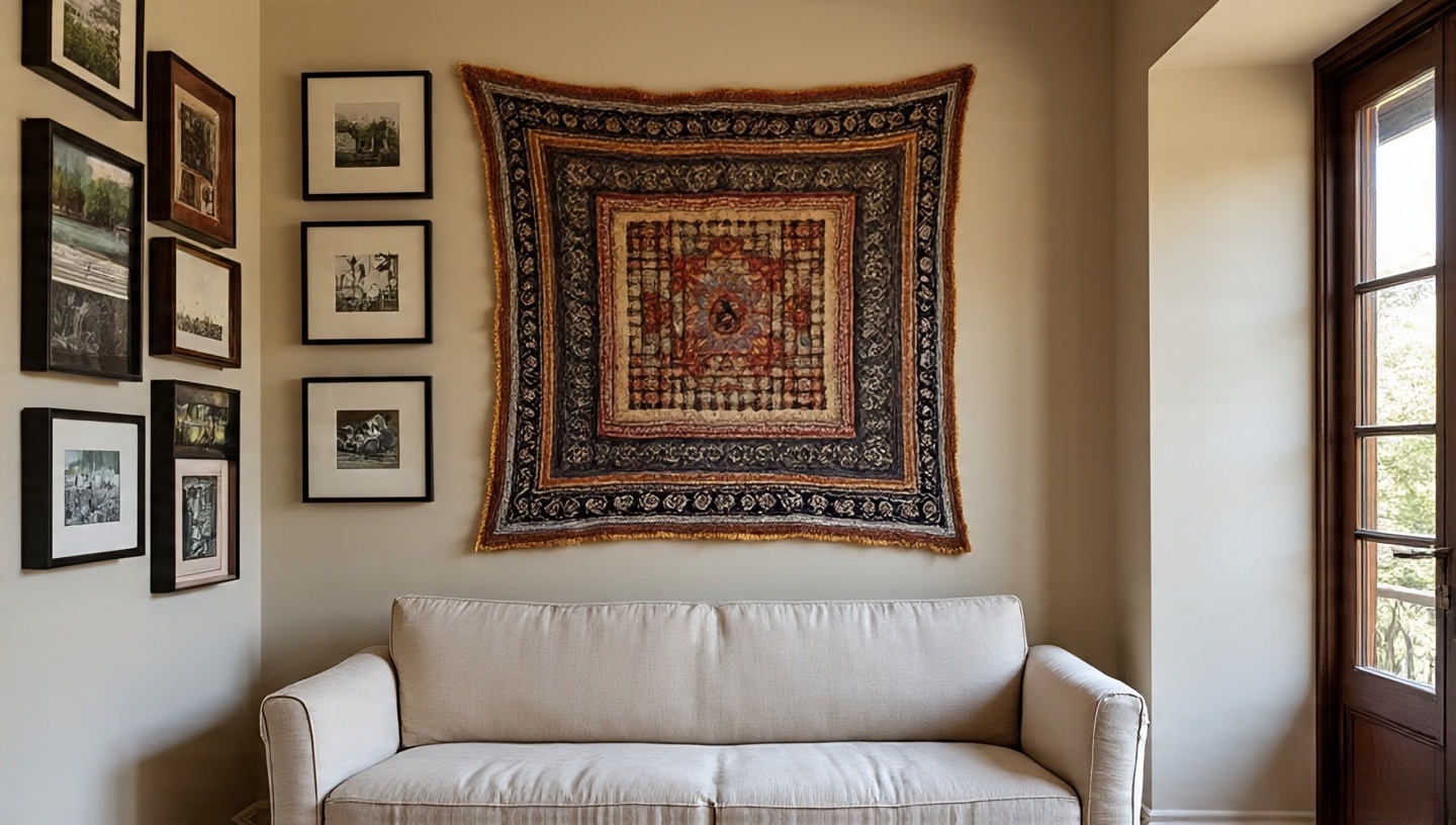 Linen sofa anchoring a gallery wall and a woven tapestry to tie the Boho look together