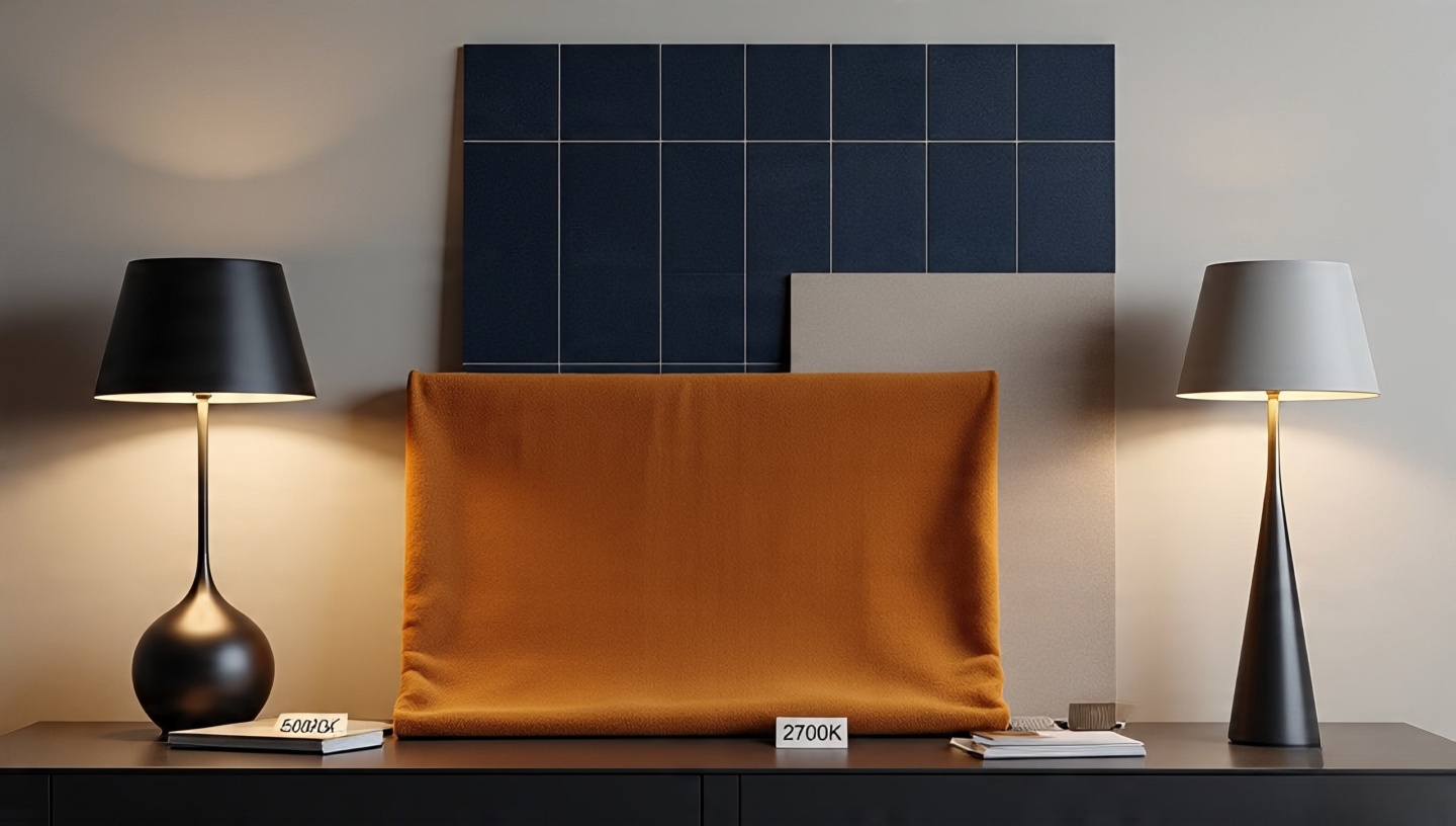 Color sample boards with indigo tile, saffron textile and lamps labeled 5000K and 2700K showing different color rendering