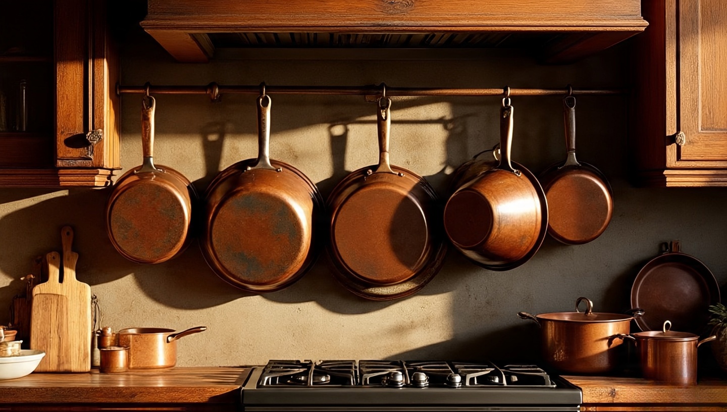 Rustic kitchen rail displaying aged copper pots with natural patina
