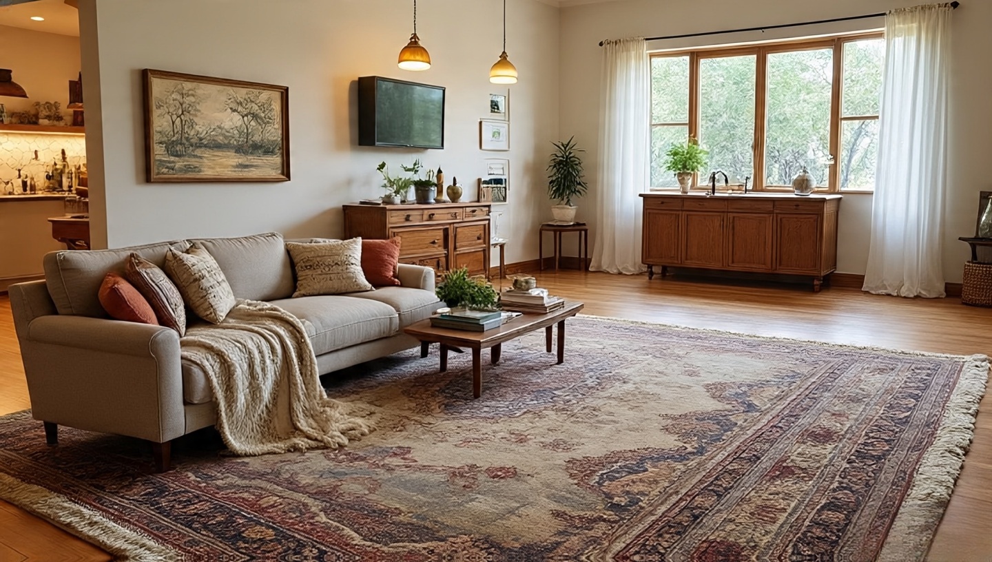 Open-plan home with rugs defining zones and throws softening acoustics for better flow