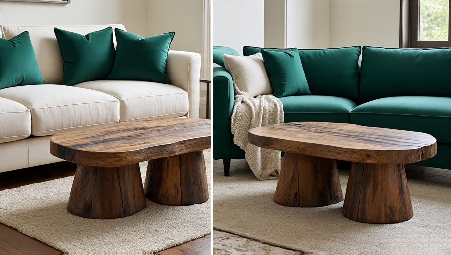 Side-by-side vignette: cream sofa with emerald cushions versus emerald sofa with cream throws