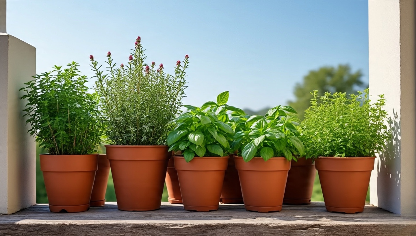 Cluster of terracotta pots with rosemary, basil and thyme near a simple wooden bench on a balcony