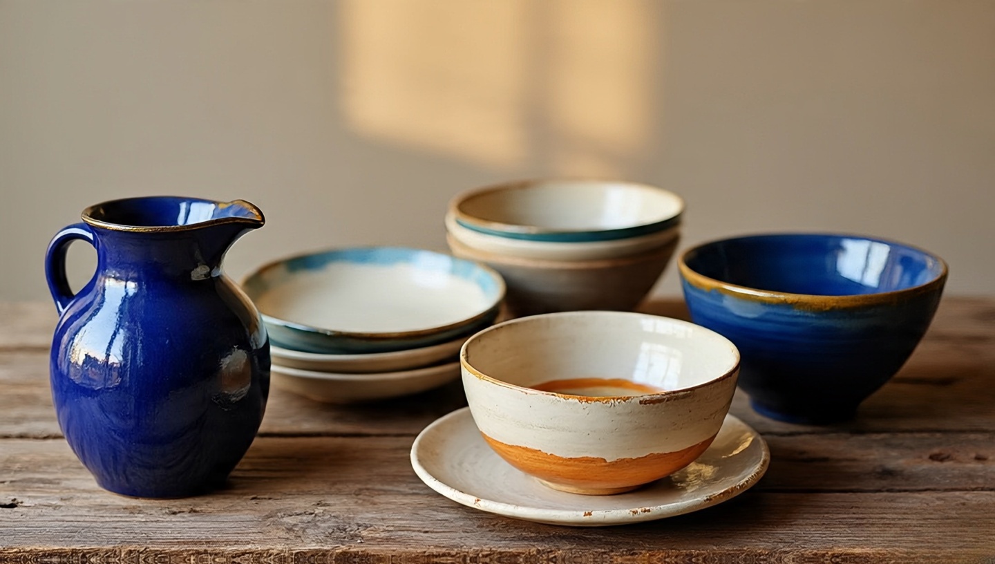 Mismatched hand-painted ceramics on rustic wooden dining table with cobalt jug
