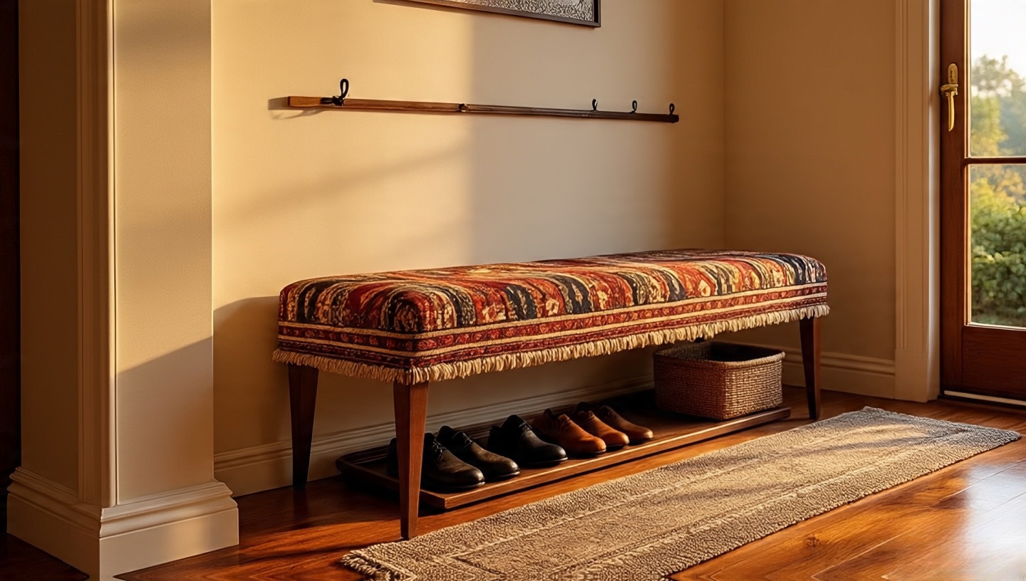 Slim entry bench upholstered in a faded kilim with shoe tray and umbrella basket beneath