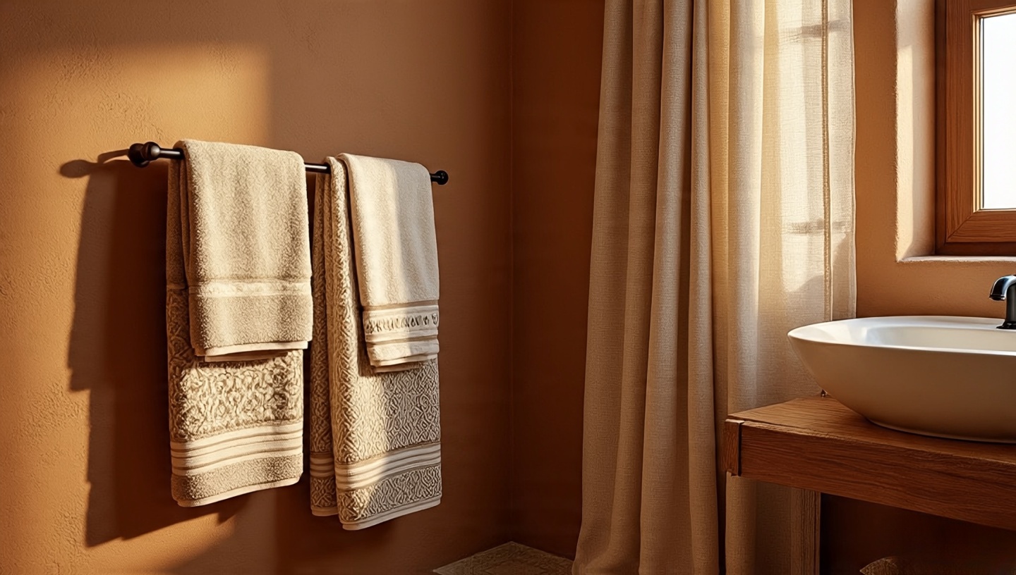 Layered Turkish towels and linen curtain in Boho bathroom