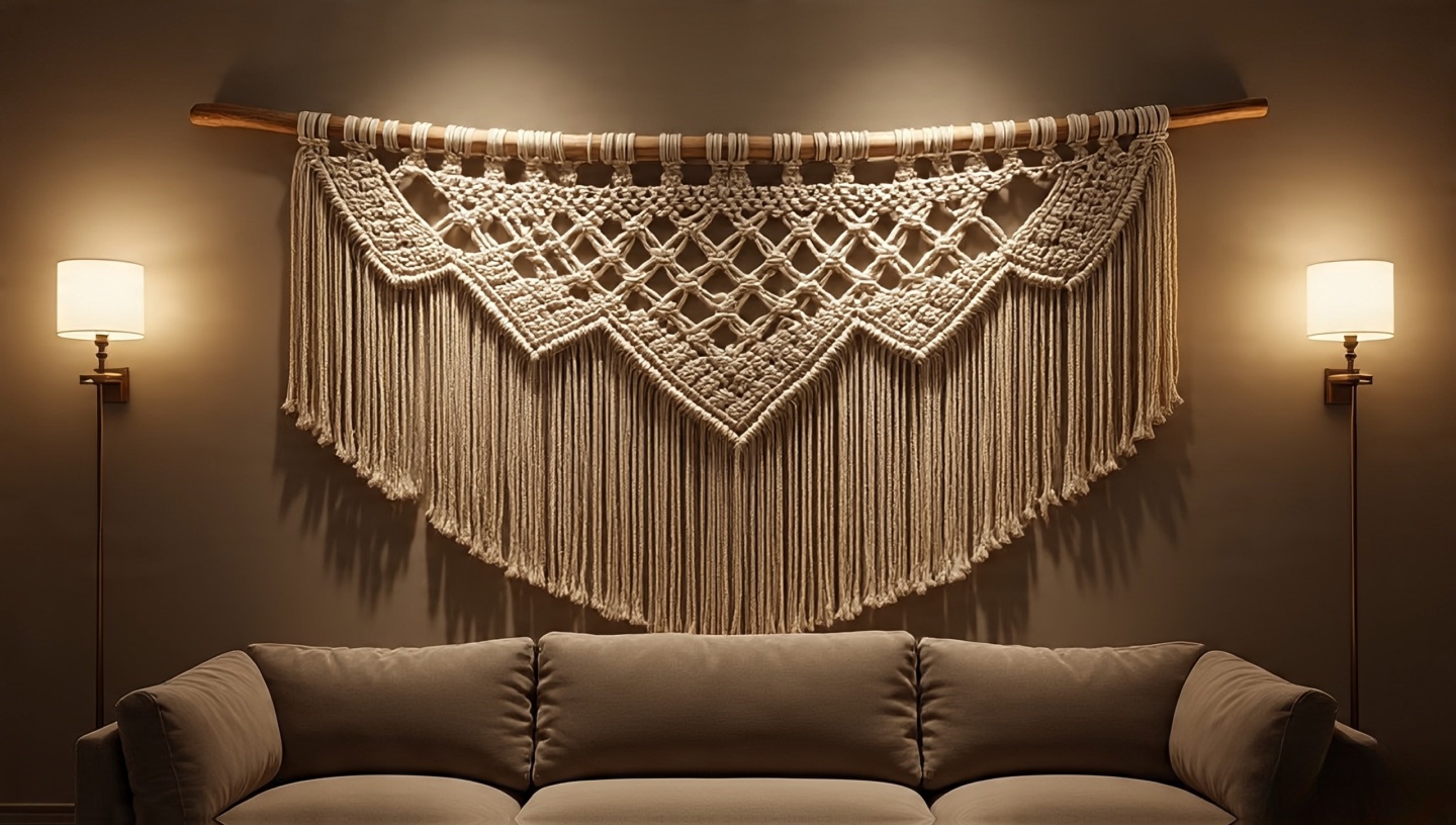 Large creamy macramé wall hanging mounted on a smooth dowel above the sofa with side-grazing light