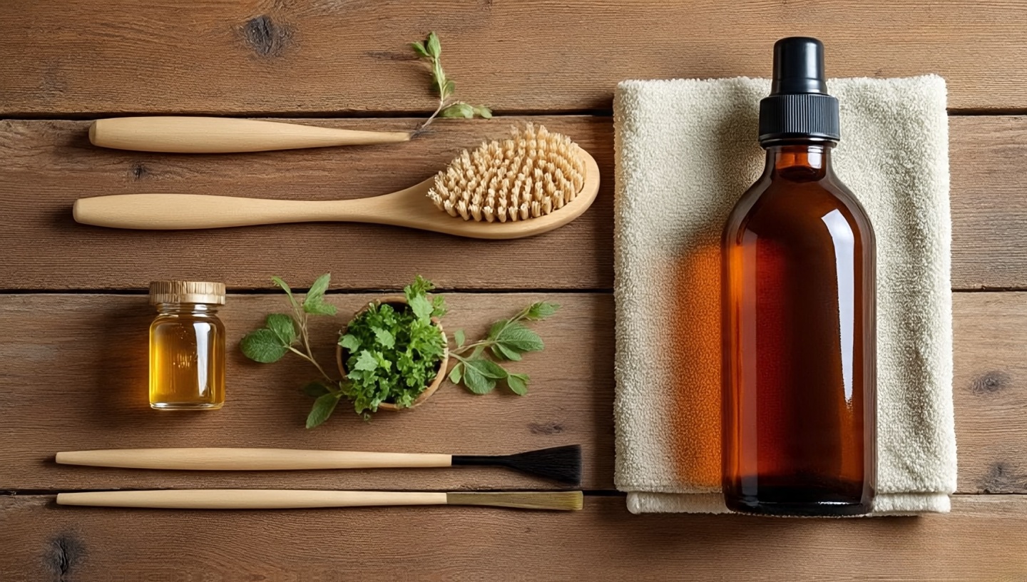 Flat-lay of tung oil, soft-bristle brush, microfiber cloths, and plant-based wood conditioner on wood surface