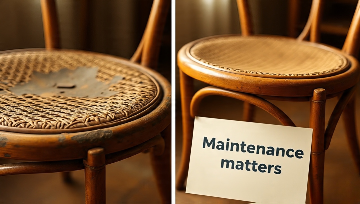 Split image of sagging cane seat versus restored tightened cane weave with maintenance note