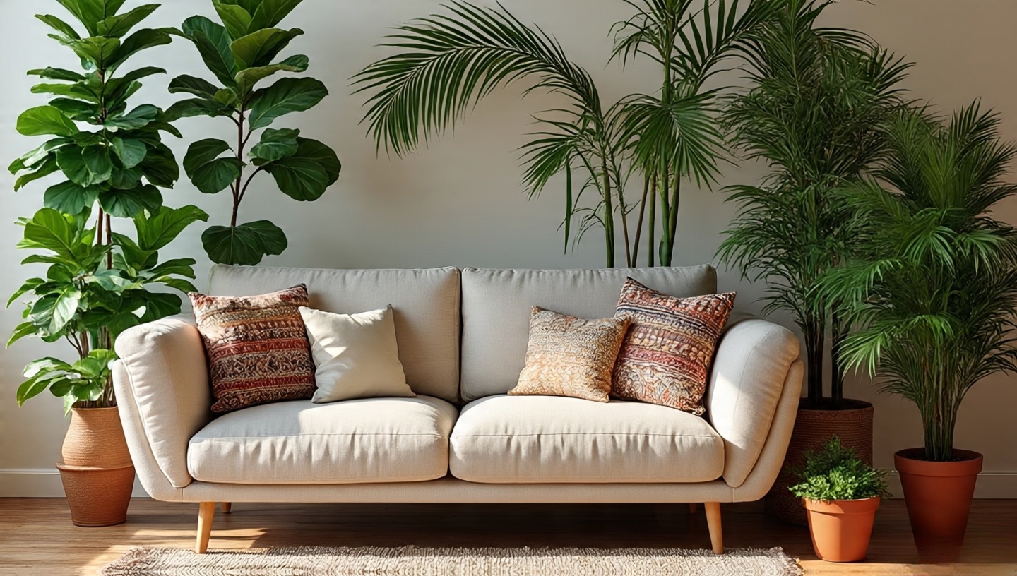 Boho sofa grounded by greenery: tall fiddle-leaf fig and palms with smaller terracotta pots