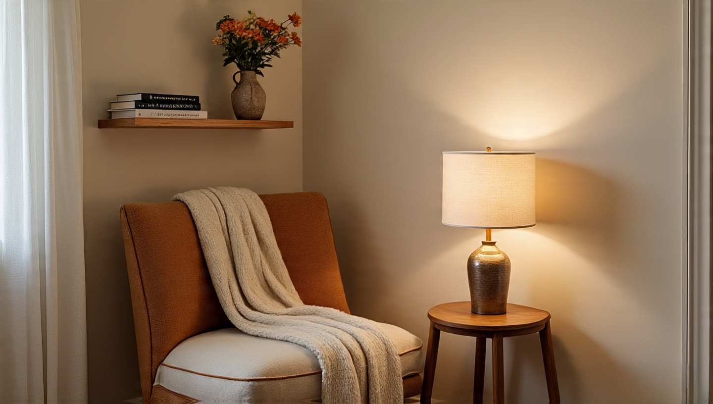 Cozy reading nook with a cushioned chair, warm 2700K lamp, soft throw, and a small shelf within arm’s reach