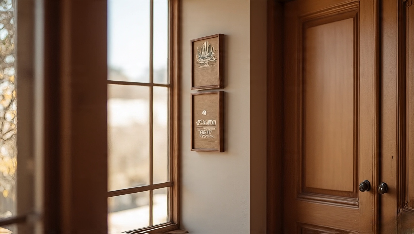 Narrow wall column pair layout with two tall frames stacked and a small offset object for a graphic intentional look