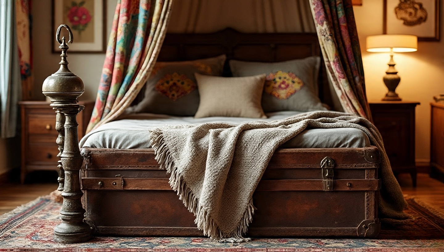 Antique wooden trunk at the foot of the bed with a timeworn brass lamp and textured throw