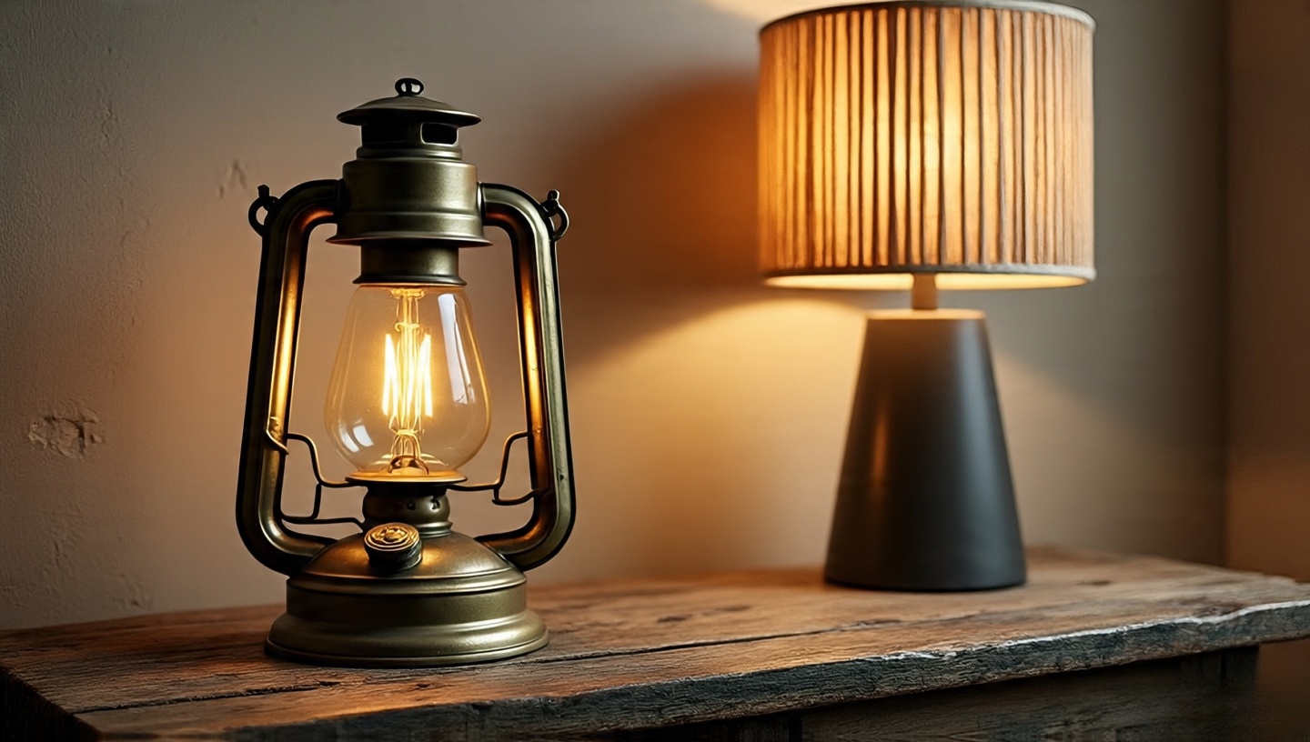 Edison bulb glowing inside antique brass lantern beside minimalist bamboo shade lamp on weathered wood