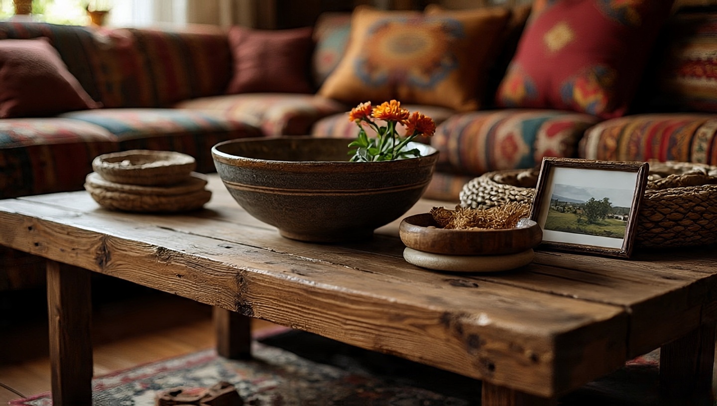 Rustic coffee table with personal artifacts: handmade ceramic bowl, travel basket and a vintage photo frame