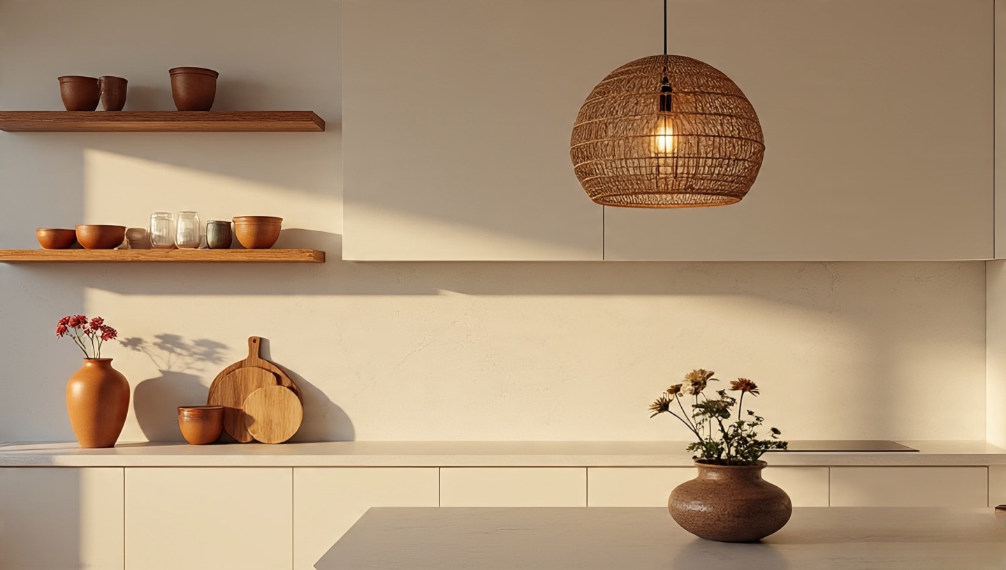 Minimal white kitchen accented with boho woven pendant and terracotta