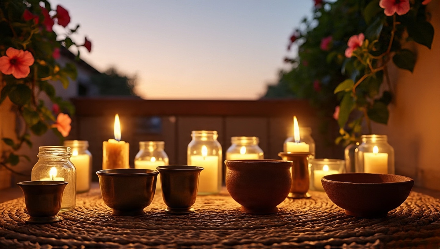 Clustered candle holders in glass jars, brass cups and clay bowls casting warm glow on woven rug