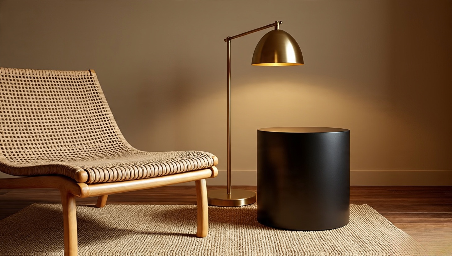 Cane lounge chair with brass floor lamp and black steel side table on a jute rug