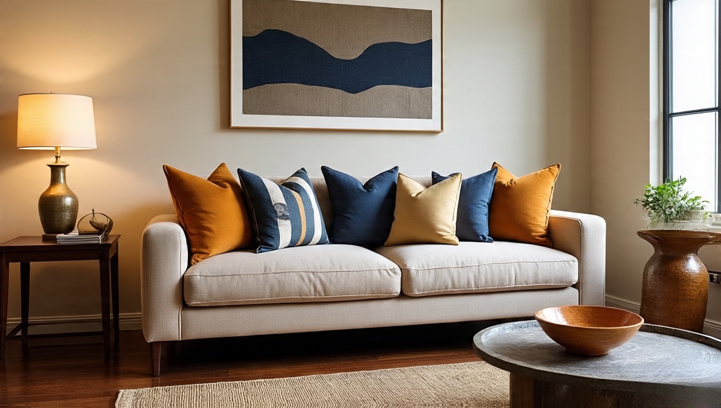 Eclectic living room with a clear through-line repeating saffron and indigo, plus oak and brass accents