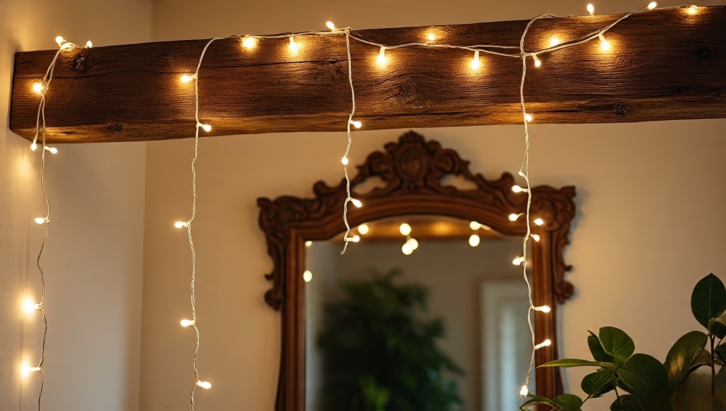 Warm-white fairy lights wrapped around a rustic wooden beam and draped loosely around a mirror with cords hidden