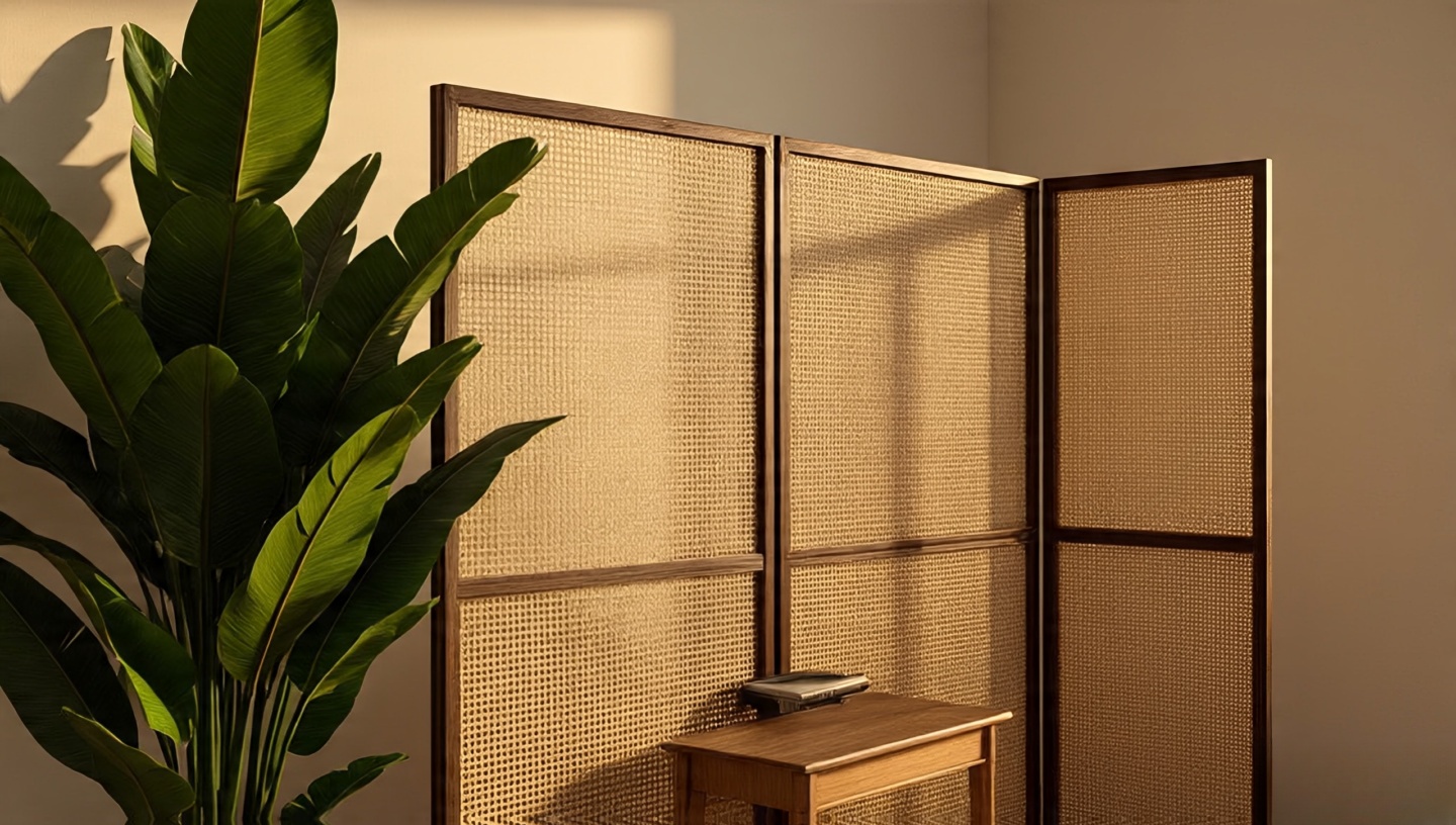 Three-panel cane folding screen creating a soft zone and plant backdrop in a Boho room